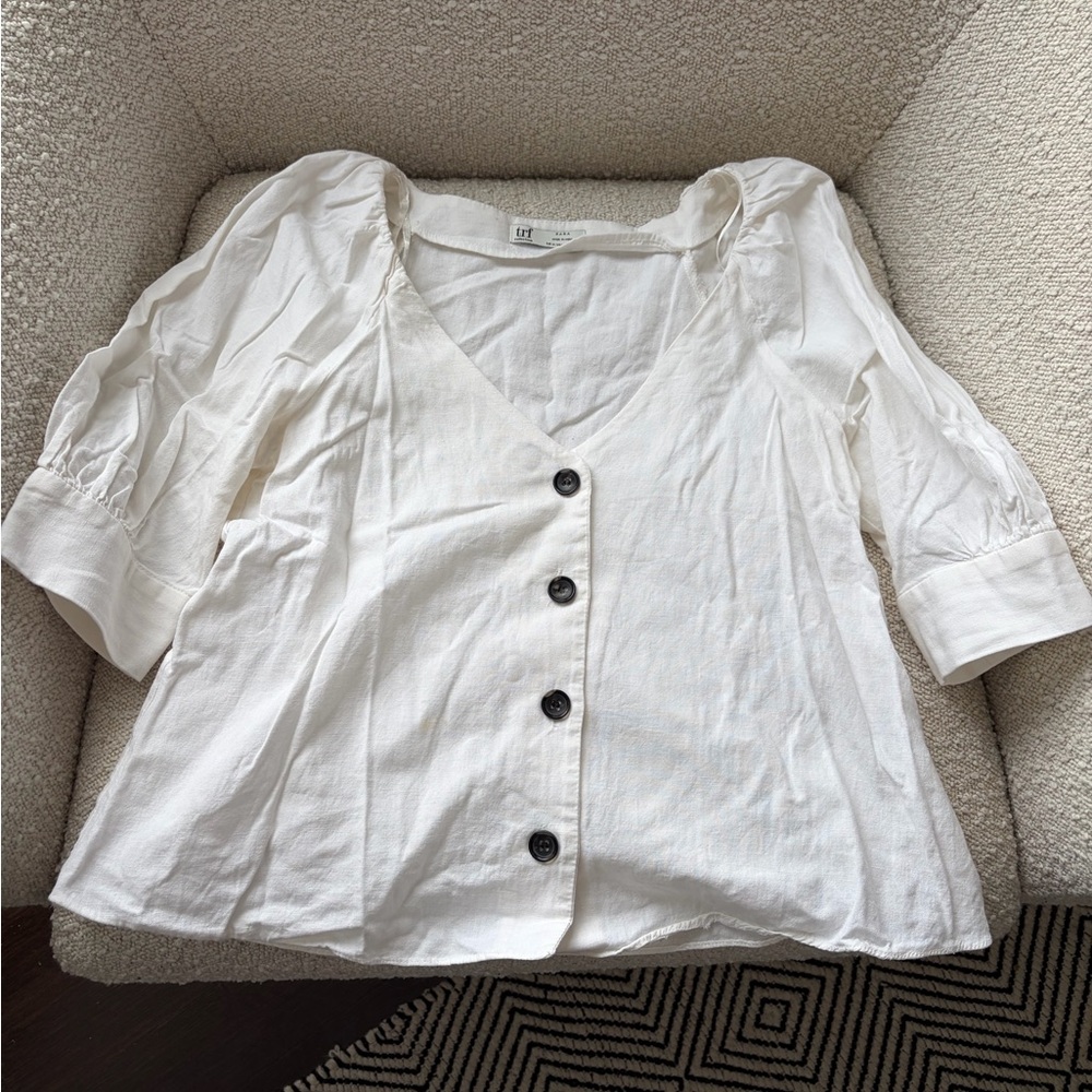 Zara cotton/linen button up peasant blouse - M
